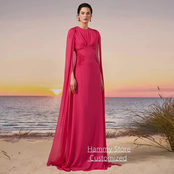 Robe de soirée en mousseline de soie fuchsia col rond personnalisé sans manches avec perles robe de bal de fin d année soirée élégante à offrir femmes occasions spéciales