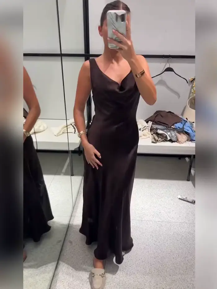 HH femmes solide vacances Style Satin Texture dos nu col en v robe mi-longue été femme élégante Sexy à lacets