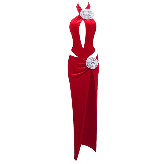 Robe sexy en velours rouge – Robe longue dos nu découpée avec appliques de fleurs argentées et fente