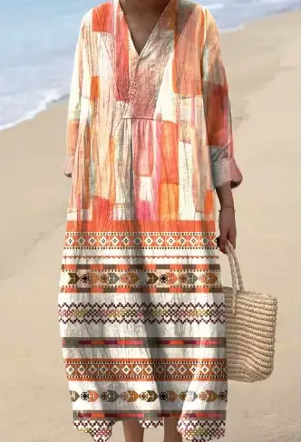 Robe ample de plage col en V imprimée color block pour femme - Style vacances tendance printemps été 2026 - Occasions spéciales et quotidienne