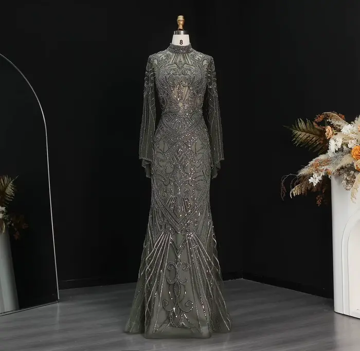 Robe de soirée Sharon Said Dubaï à motif géométrique perlé, manches longues évasées, silhouette sirène, forme de balayage pour femmes occasions spéciales