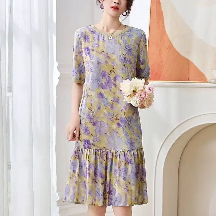 Robe de mode pour femme en soie véritable 100% naturelle coupe sirène à fleurs et volants pour été 2026