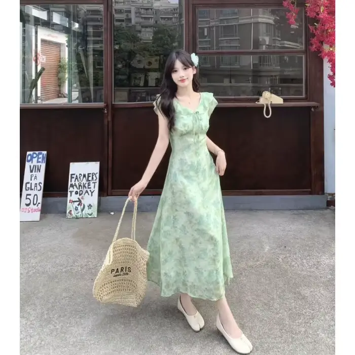 Robe longue sans manches à imprimé floral vert français, style été 2025, pour vacances à la plage, a