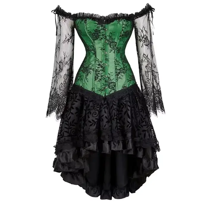 Robe Corset Gothique Florale à Manches Longues et Épaules Dénudées