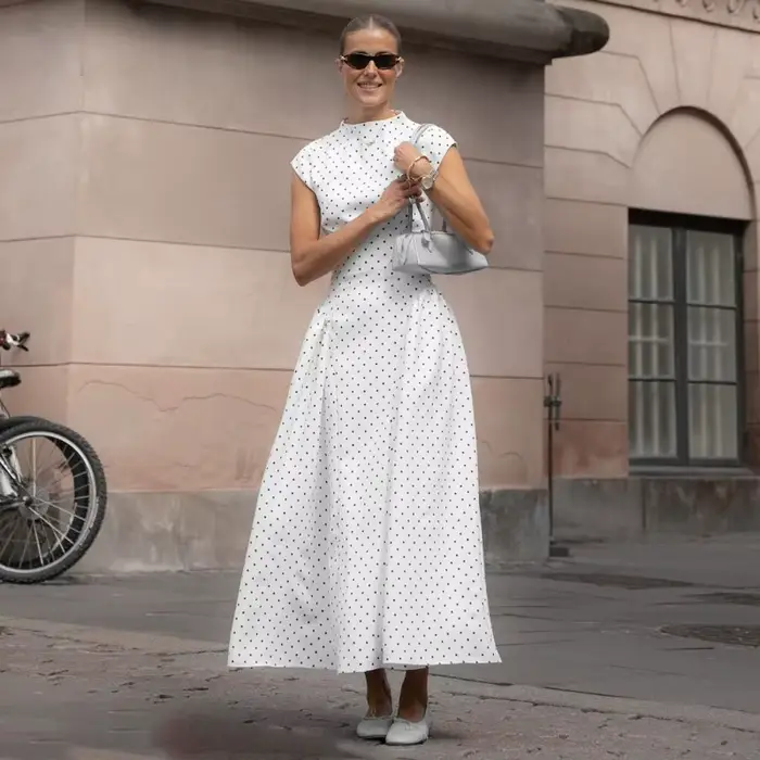 Talenza blanc à pois robe longue été Sexy taille haute Vintage imprimé