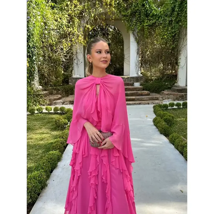 Robe de soirée sirène en mousseline de polyester Fuchsia avec volants et soutien-gorge intégré pour femmes lors de soirées officielles