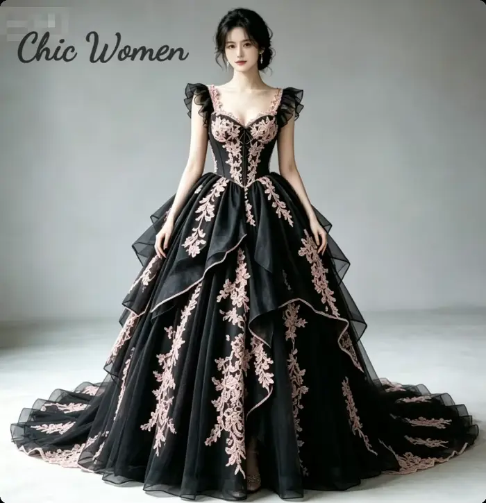 Robe de mariée gothique rose victorienne à volants et manches courtes