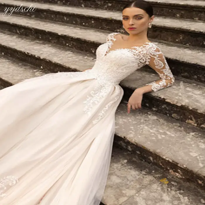 Robes de mariée ivoire à manches longues, élégantes, coupe A-line, illusion, traîne courte, style pr