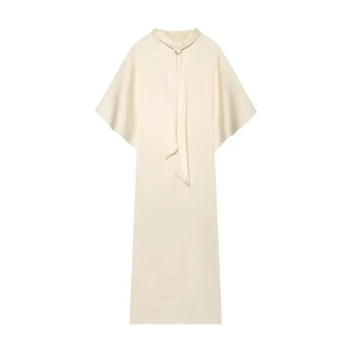 Robe midi fluide femme été 2026 col montant manches courtes élégante décontractée polyester blanc crème occassions spéciales