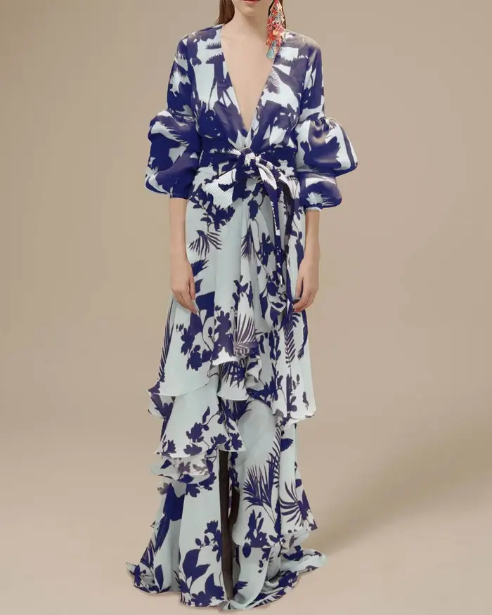 Robe longue bohème irrégulière en mousseline de soie à imprimé mode européenne et américaine