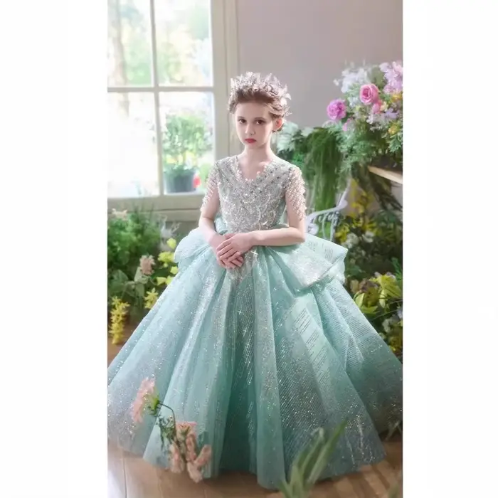 Robe formelle élégante pour filles robe de soirée verte à fleurs petite robe de Piano pour mariage anniversaire concours de princesse enfants filles occasion spéciale