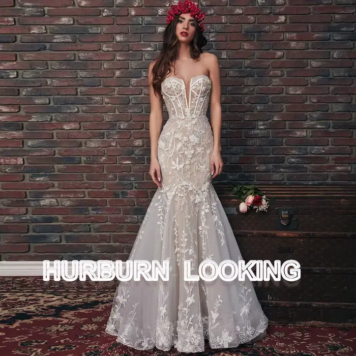 HERBURN robes De mariée en Tulle scintillant pour les femmes Appliques chérie Court Train sirène Robe