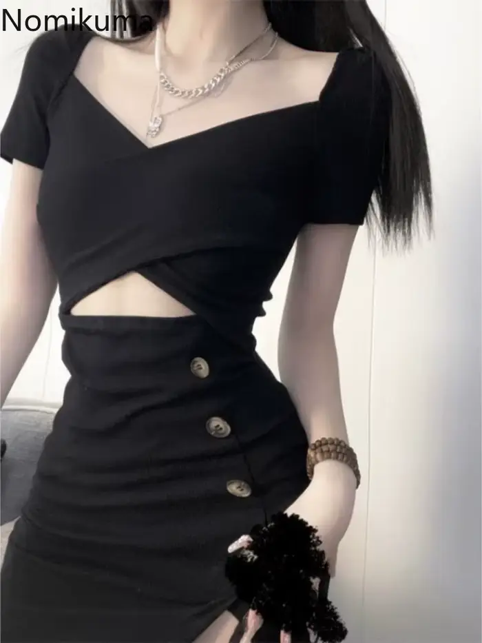 Robe noire sexy pour femmes, manches courtes, ajourée, mode coréenne, tunique fendue, robe d'été, style club, occasions spéciales