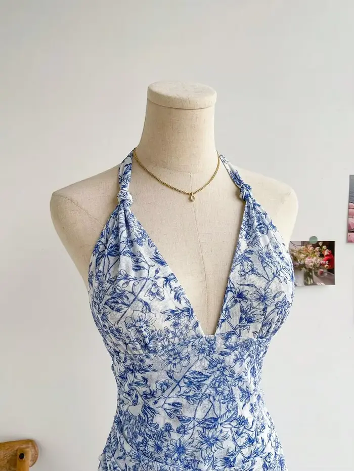 Robe d'été en maille bleue à fleurs pour femmes style sexy décontractée élégante occasion spéciale soirée été