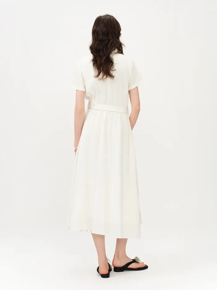 Robe d'été sophistiquée en lin à manches courtes pour femme FSLE 2026 - Coupe trapèze classique mi-l