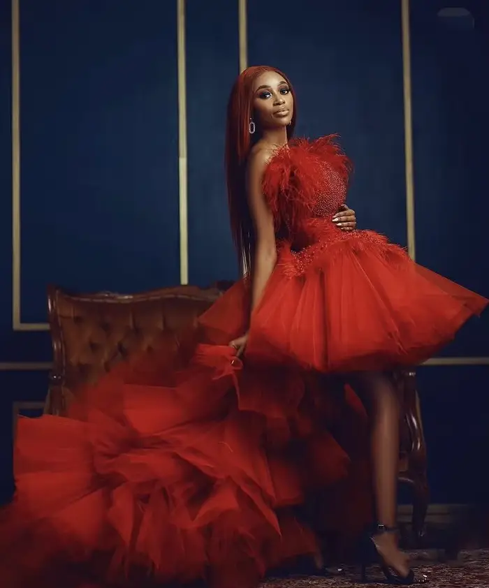 Robe de bal rouge asymétrique longue en tulle avec perles et plumes élégante pour femmes occasions spéciales soirée festive