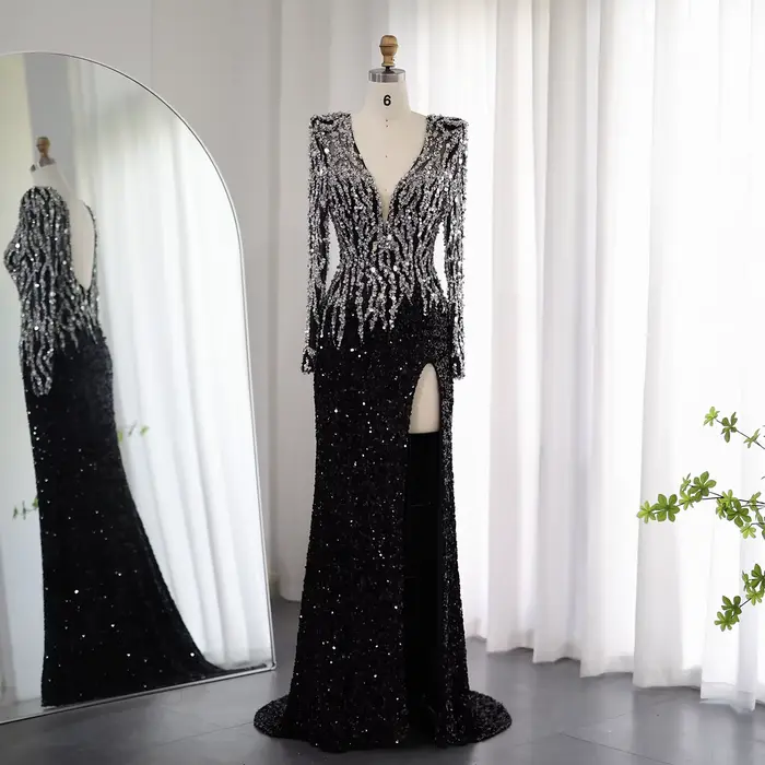 Sharon Said-Robe de Soirée Noire à Paillettes, Tenue de Luxe Arabe, Col en V, Manches sulf, Fente La