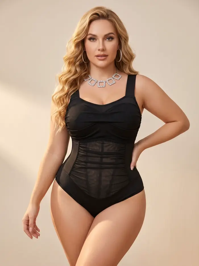 Body gainant grande taille à bretelles larges et empiècements en maille, avec soutien osseux intégré