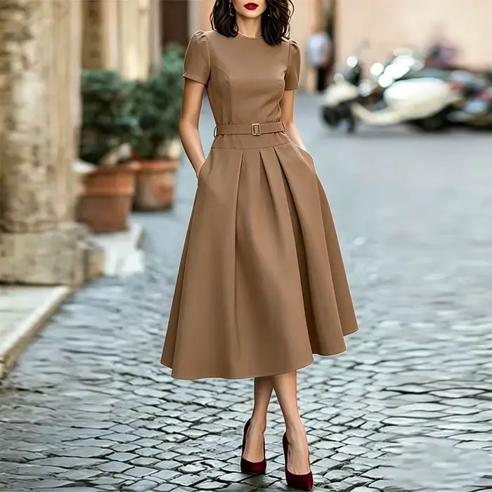 Robe plissée mi-mollet ZANZEA pour femme, col rond, élégante, style OL, avec ceinture, coupe trapèze