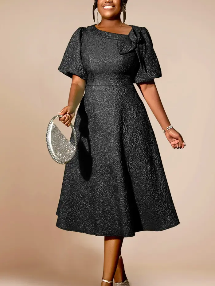 Élégant Jacquard une ligne robes 3D fleur manches courtes bouffantes femmes décontracté bureau travail soirée Cocktail
