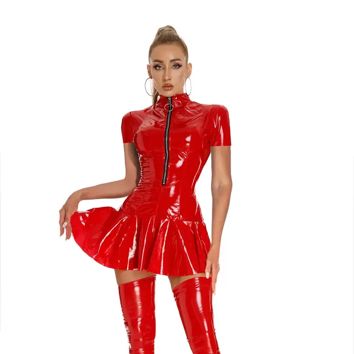 Robe plissée rave en cuir synthétique pour femmes, mini robe effets latex, fermeture éclair, col montant, manches courtes, style sexy et club, occasions de fête et de club
