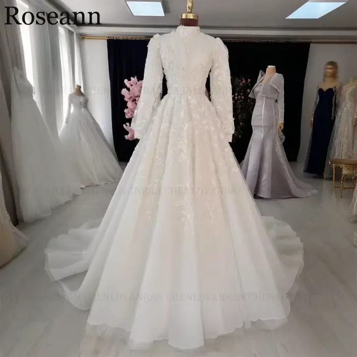 ROSEANN luxe robes De mariée musulmanes 2025 personnalisé a-ligne col haut perles longues