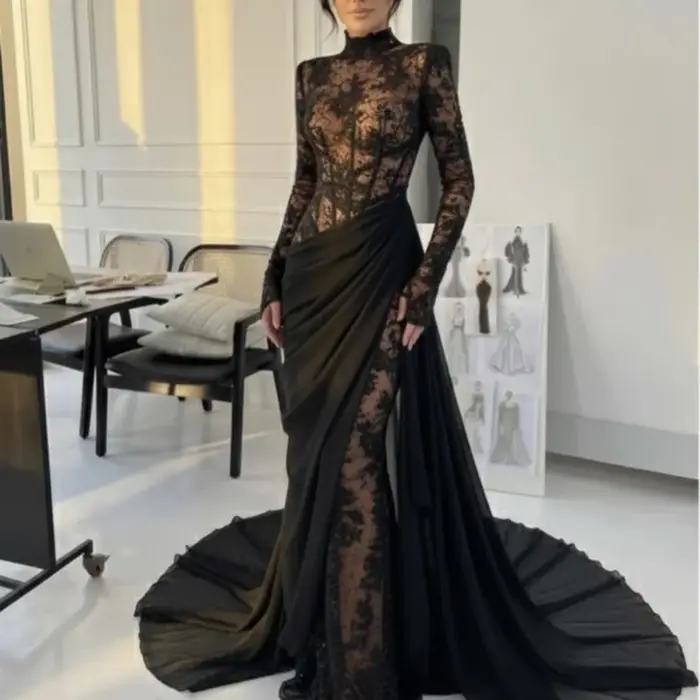Personnalisé noir modeste Sexy en mousseline de soie plissée drapée dentelle sirène col haut robes longues robes de soirée pour femme Pastrol rétro