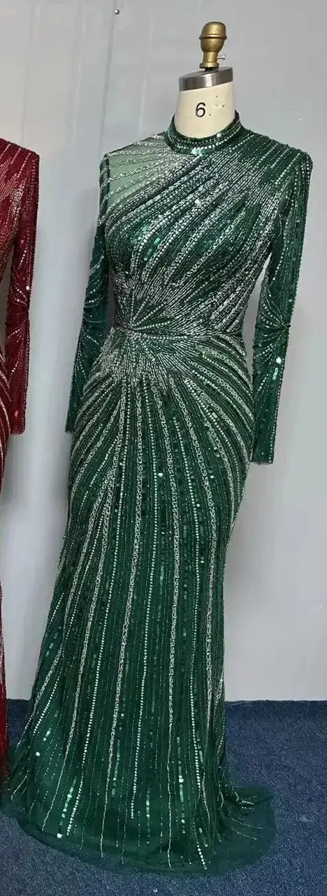 Robe de soirée longue pour femme style arabe sirène en tulle avec perles et pailletés manches longues luxe pour mariage et événement spécial