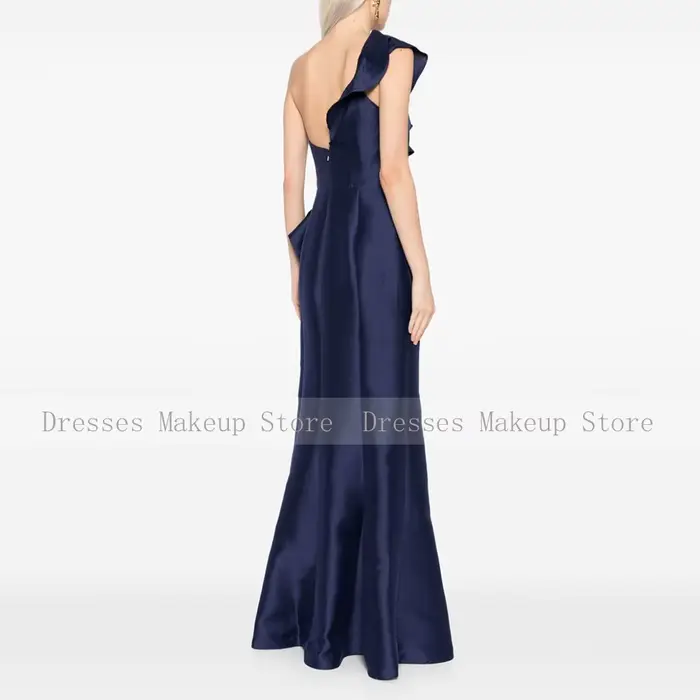 Robe sirène en polyester satiné bleu marine à volants pour femmes, soirée de gala, mariage, élégance intemporelle, occaions spéciales
