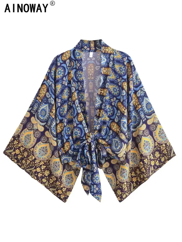 Vintage Boho Kimono Robe courte femmes mode 2024 manches chauve-souris florales rayonne bohème Bikini couvrir vêtements de plage