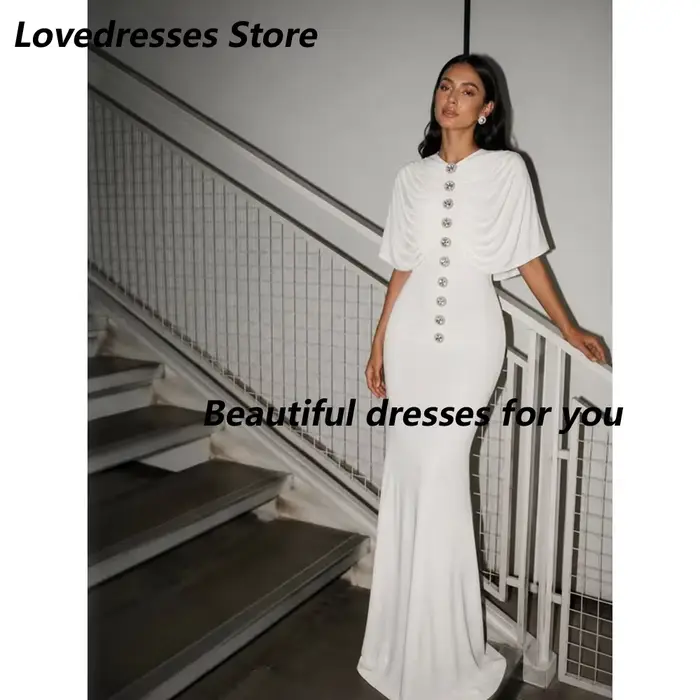 Robe de soirée blanche élégante, longueur au sol, plissée, avec boutons, en jersey, style sirène, ma