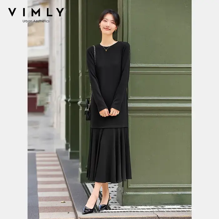 Robe longue VIMLY pour femme, collection automne 2026, décontractée, noire, à empiècements, coupe trapèze, élégante, à manches longues, pour occasions spéciales et vie quotidienne