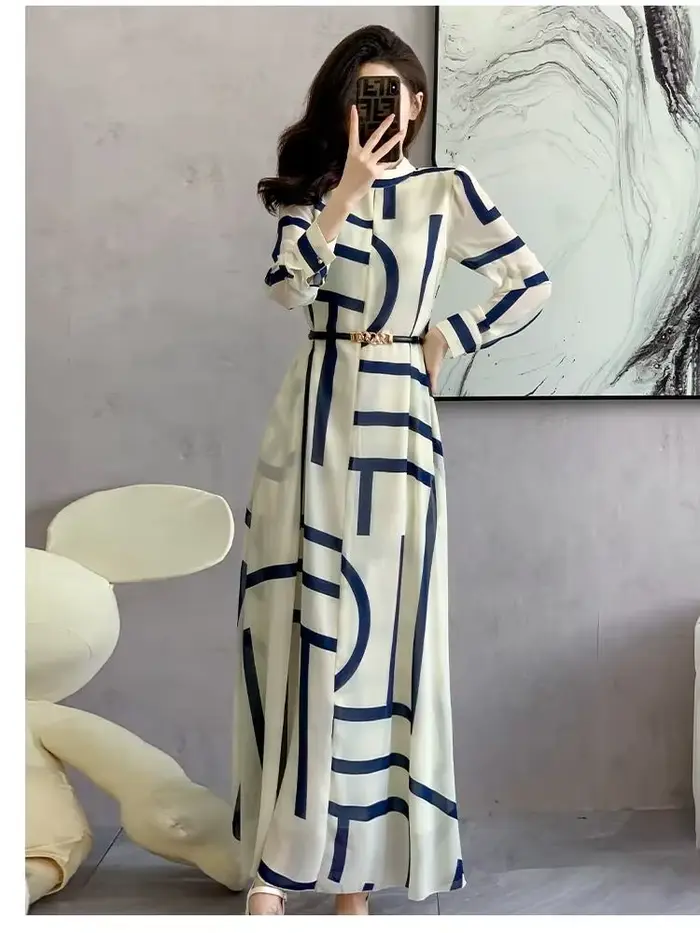Robe géométrique en mousseline de soie pour femmes, décontractée, silhouette trapèze, imprimé moderne, tour de taille empire, printemps été