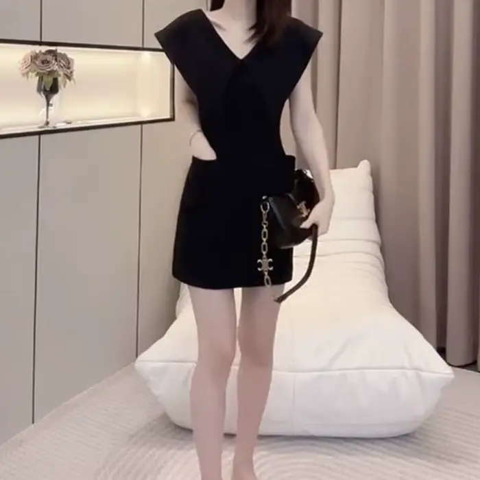 Robe noire coréenne pour femmes style décontracté haute qualité col en V grande poche revers occasions spéciales été printemps