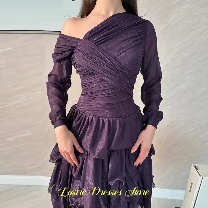 Robe de soirée élégante en mousseline, simple, à manches longues, asymétrique à une épaule, personna