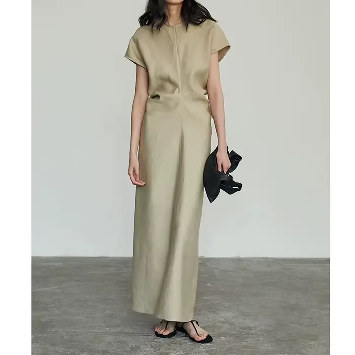 Robe longue beige à manches courtes, décontractée et élégante, avec taille cintrée, coupe trapèze, pour femme, idéale pour l'été et le bureau