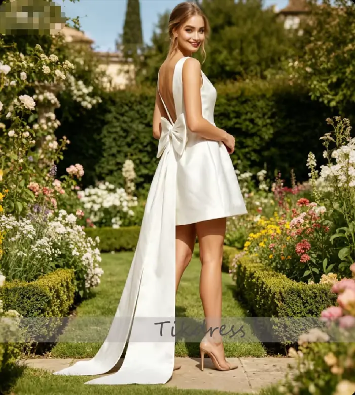 Robe de Mariée Civile Courte en Satin Col en V Profond Sans Manches Avec Grand Nœud et Longue Traîne Occasions Spéciales