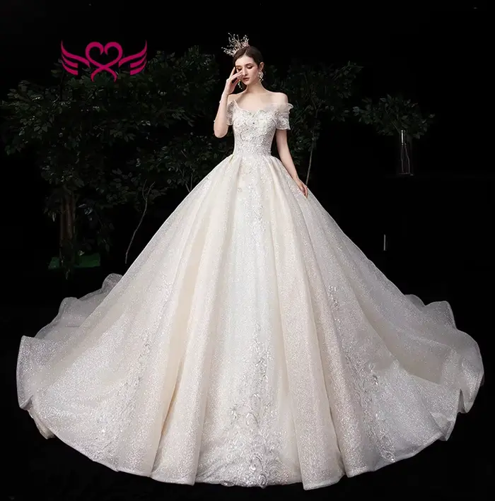 Robe de mariée de campagne exquise épaules dénudées tulle brillant perles princesse bal col V manches courtes soutien-gorge intégré longueur sol occasions spéciales