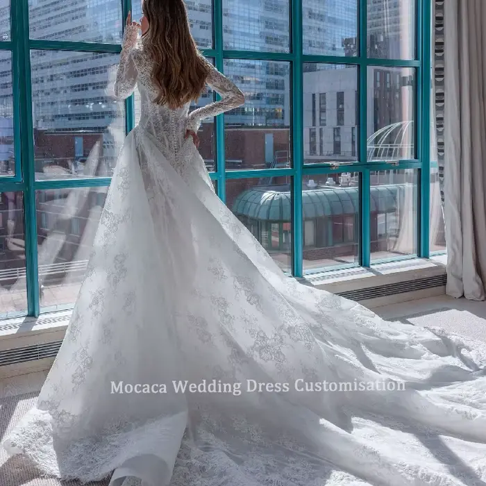 Robes de mariée personnalisées dentelle élégante à manches longues a-ligne bouton Boho robes de mariée robe de mariée