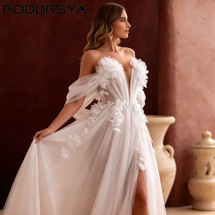 RODDRSYA Robe de mariée épaules nues décolleté cœur pour femme tulle orné de fleurs 3D fente haute modèle plage