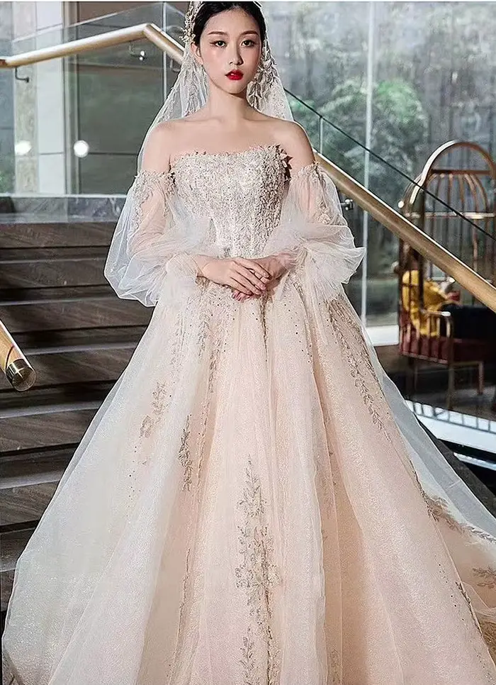 Robe de Mariée Sans Bretelles avec Manches Détachables, Broderie Ciel Étoilé, Perles de Luxe, Person
