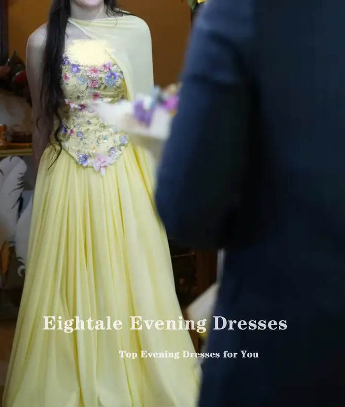 Robe de soirée arabe Eightale en mousseline de soie jaune avec fleurs 3D