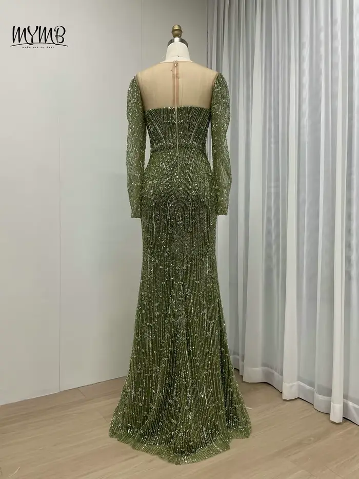Robe de soirée sirène à manches longues et col rond pour femme