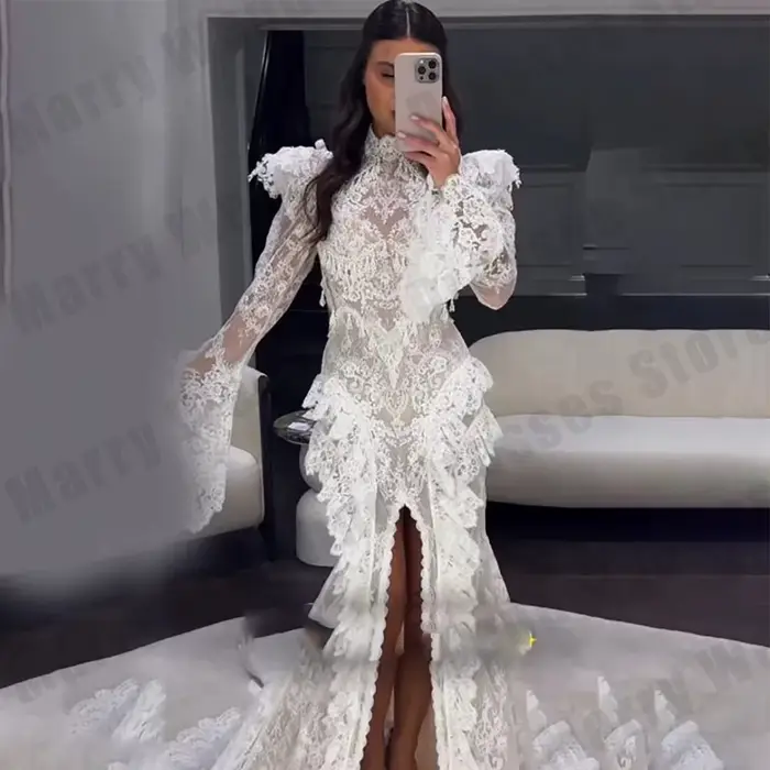 Robes de mariée de luxe pour femmes, style bohème, dentelle, manches trompette, col haut, robe de ba