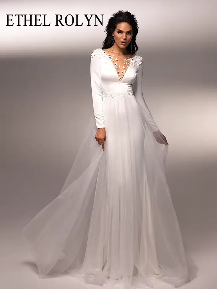 ETHEL ROLYN robe De mariée sirène en Satin pour femmes mariée fleurs col en v profond détachable Tra