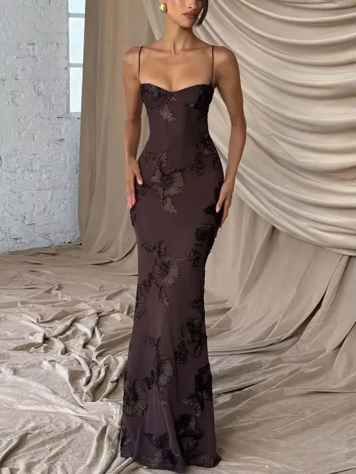 Robe longue élégante pour femme avec broderie florale 3D