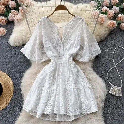 Frenchic-Robe d'été à col en V pour femme, ligne A, amissié, à lacets, mi-mollet, manches Everak, robe éducative, livraison directe