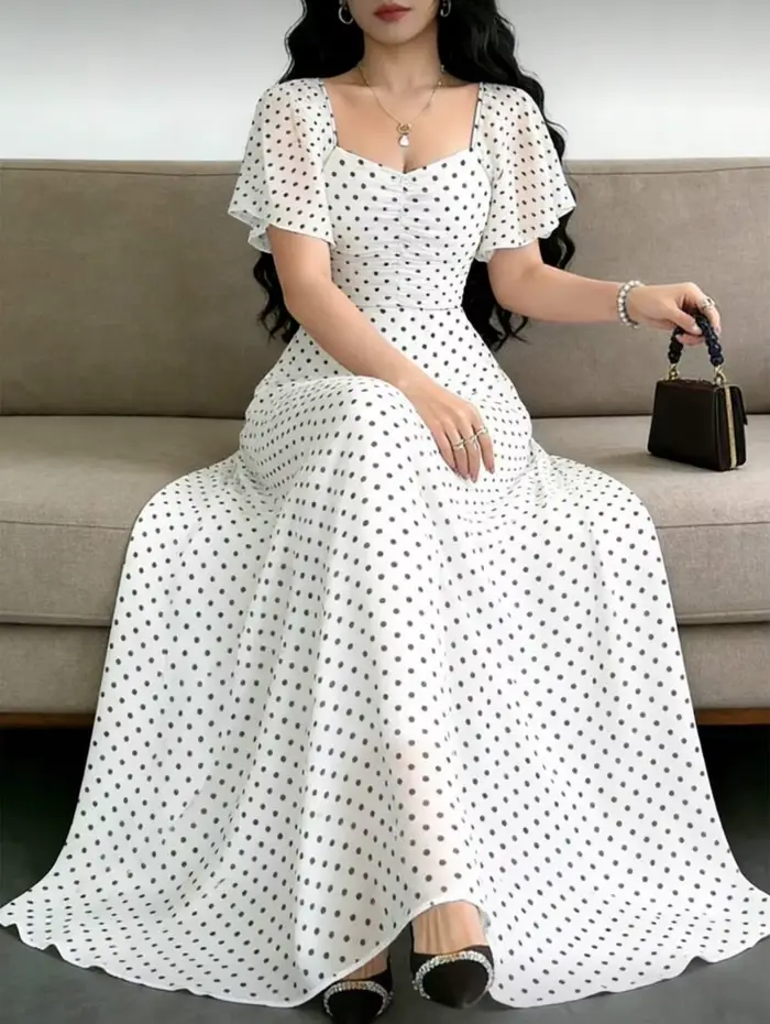Nouvelle Robe à Pois 2026 pour Femme – Robe Longue d'Été Cintrée et Amincissante au Genou – Vêtement