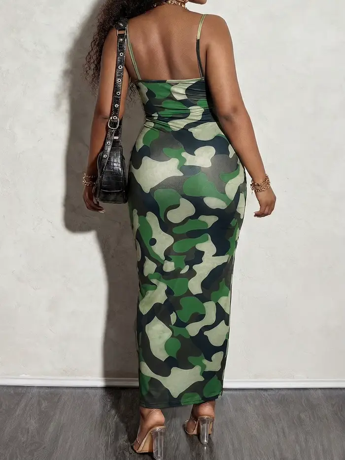 Robe longue d'été moulante pour femme à imprimé camouflage