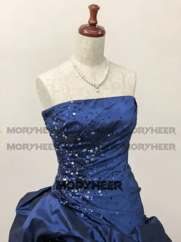 MORYHEER Robe de bal élégante froncée sans bretelles avec fleurs 3D et strass